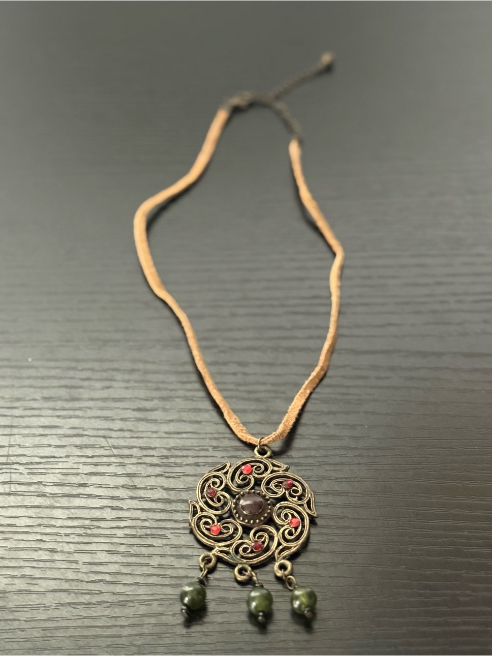 Bohemian Style Necklace w/Bronze Toned Ornate Swirling Medallion on Suede Cord - Picture 1 of 8